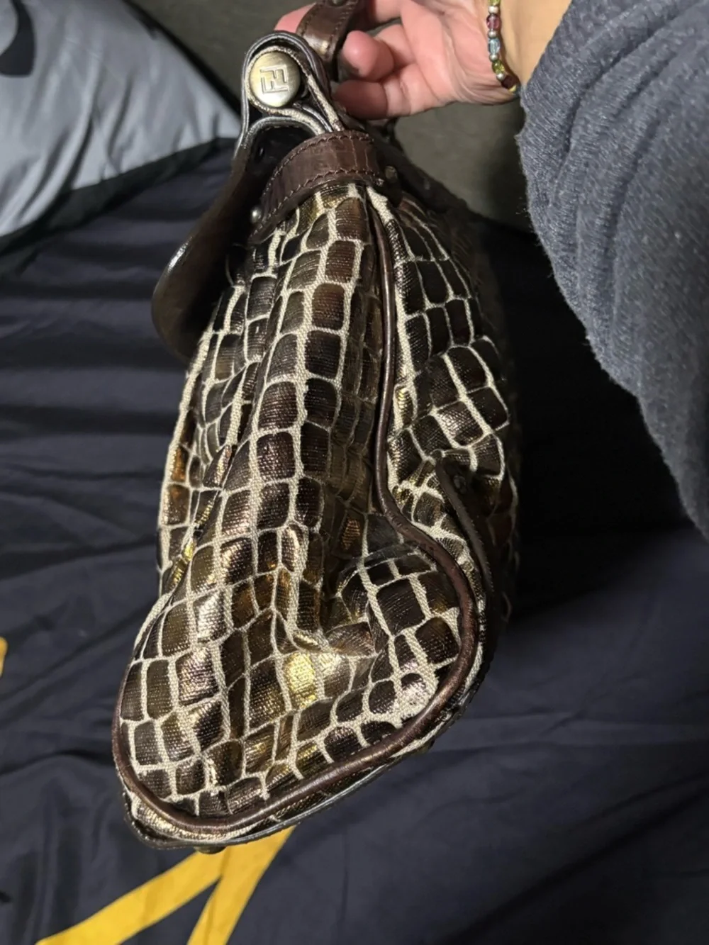 FendiBrown Croc-Embossed Magic Bag with Gold-Tone Turn Lock - Picture 6 of 14